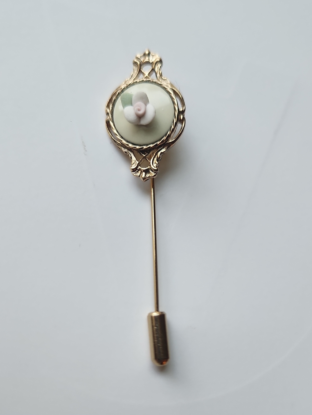 Gold Floral Stick Pin with Pale Green Enamel and Pink Rose
